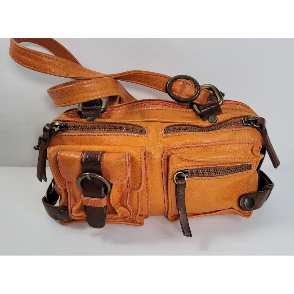 CECILE JEANNE Two Tone Orange Brown Leather JOSEPH Shoulder Handbag Purse Sac